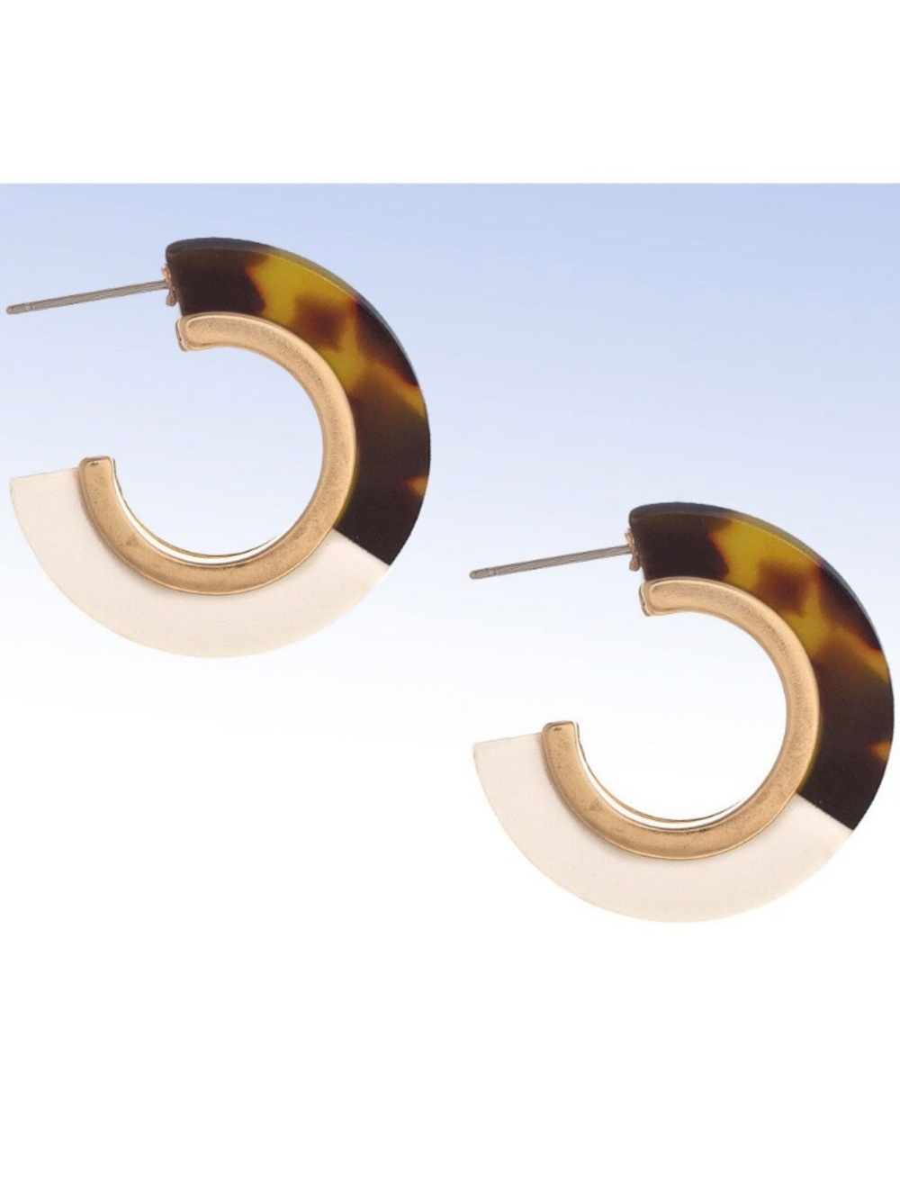 Matte Gold-Tone, Brown Tortoise & White Resin Medium Hoop Earrings